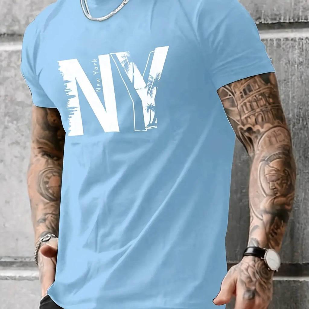 Summer men's 100% pure cotton casual loose plus size NY letter printed sports comfortable round neck short sleeved T-shirt top