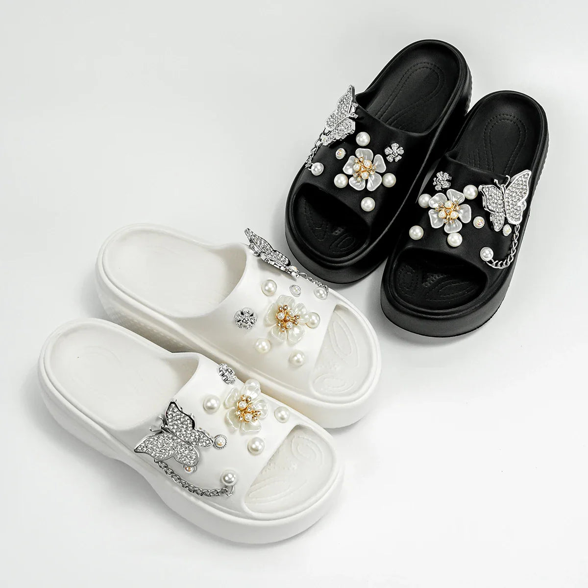 Fashionable Silver Butterfly Flower One-Line Sandals Outdoor Thick-Soled Heightening Sandals E20