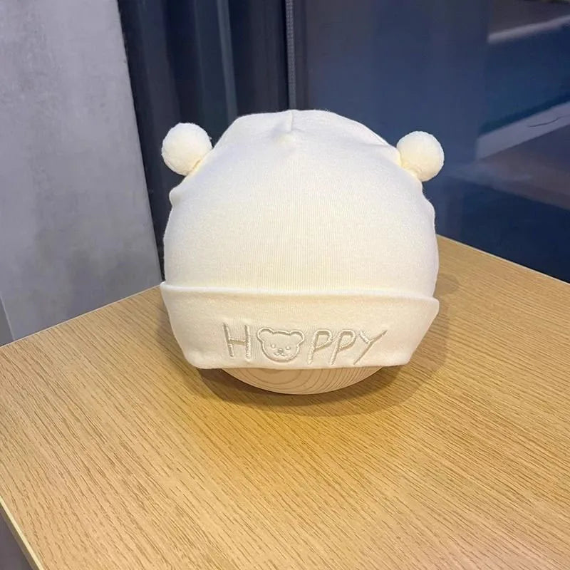 Cute Newborn Fetal Hat Soft Cotton Infant Boy Girls Cartoon Letter Bear Cap Solid Color Spring Autumn Warm Beanie