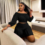 CM.YAYA Plus Size Women's Set Long Sleeve Slash Neck T-Shirt and Shorts 2025 Summer Ruched Two 2 Piece Set Outfits Tracksuit