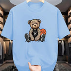 Men's summer 100% pure cotton fashionable casual loose plus size Leisure Bear printed sports round neck short sleeved T-shirt