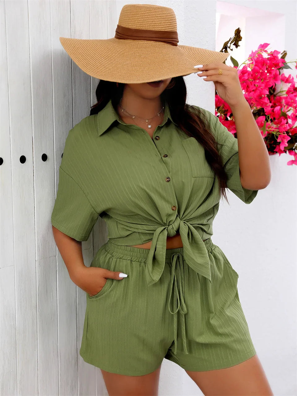 GIBSIE Plus Size Holiday Two Piece Set Women Summer Short Sleeve Button Down Shirt With Pockets Solid Elastic Waist Shorts Sets