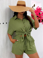 GIBSIE Plus Size Holiday Two Piece Set Women Summer Short Sleeve Button Down Shirt With Pockets Solid Elastic Waist Shorts Sets