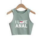 I LOVE ANAL Letters Print Summer Fashion Women Sexy Slim Tops O-neck Sleeveless Double Nylon Ladies Good Quality Tank Top