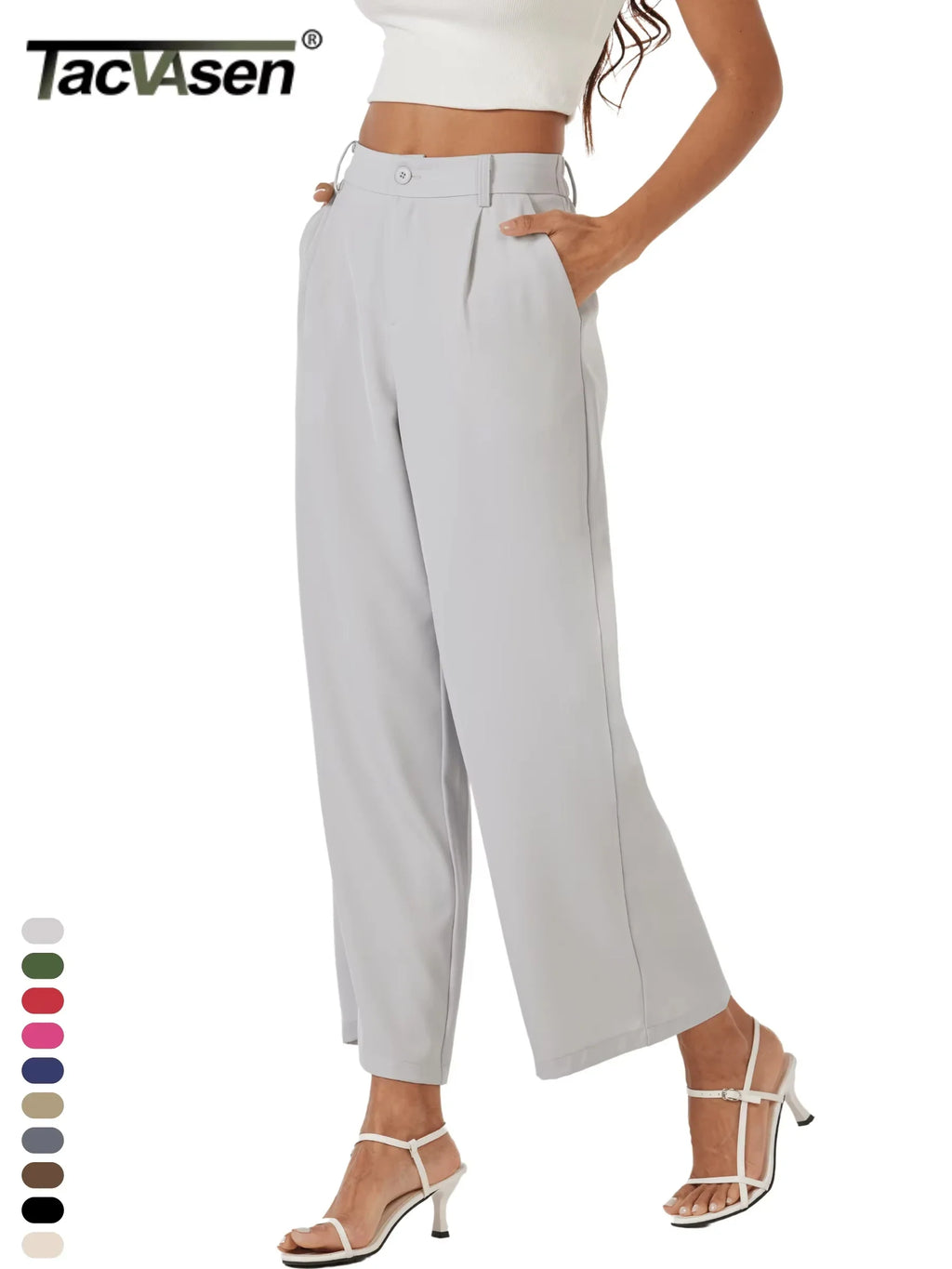 TACVASEN High Waisted Fashion Wide Leg Trousers Womens Loose Casual Long Pants Lightweight Soft Button Closure 2 Pockets Pants