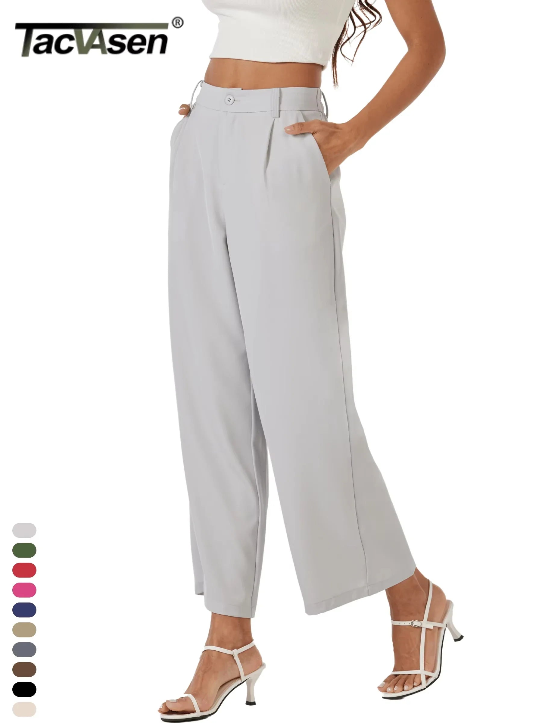 TACVASEN High Waisted Fashion Wide Leg Trousers Womens Loose Casual Long Pants Lightweight Soft Button Closure 2 Pockets Pants