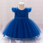 Toddler Bow White Baptism Party Baby Girl Dress Fly Sleeves 1st Birthday Wedding Princess Dresses Tutu Lace Evening Kids Clothes