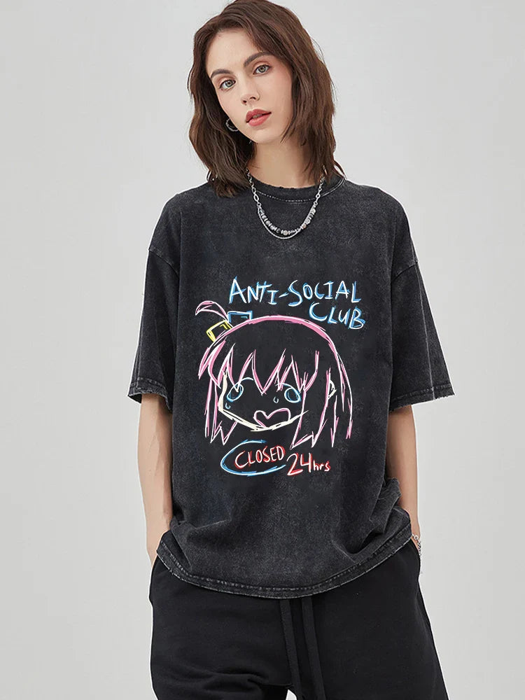 Men Oversized Printed Tshirts Bocchi Club Music Band Anime Bocchi The Rock Cotton Tops Creative Crew Neck Tees Washed TShirt