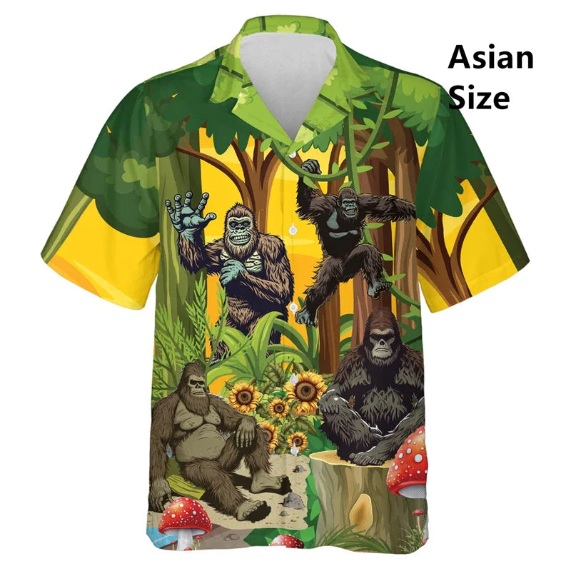 Hawaiian Bigfoot Pirate Man Shirts Women Tropical Summer Aloha Casual Shirts Button Down Short Sleeve Sasquatch Shirt Clothing