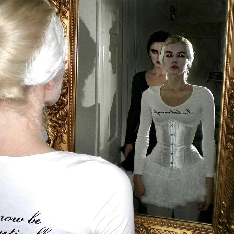 Halloween Goth Emo Girl Long Sleeve Baby Tee Aesthetic Letter Print Grunge Crop Top Y2k Clothes Vintage Punk Slim V-neck T-shirt