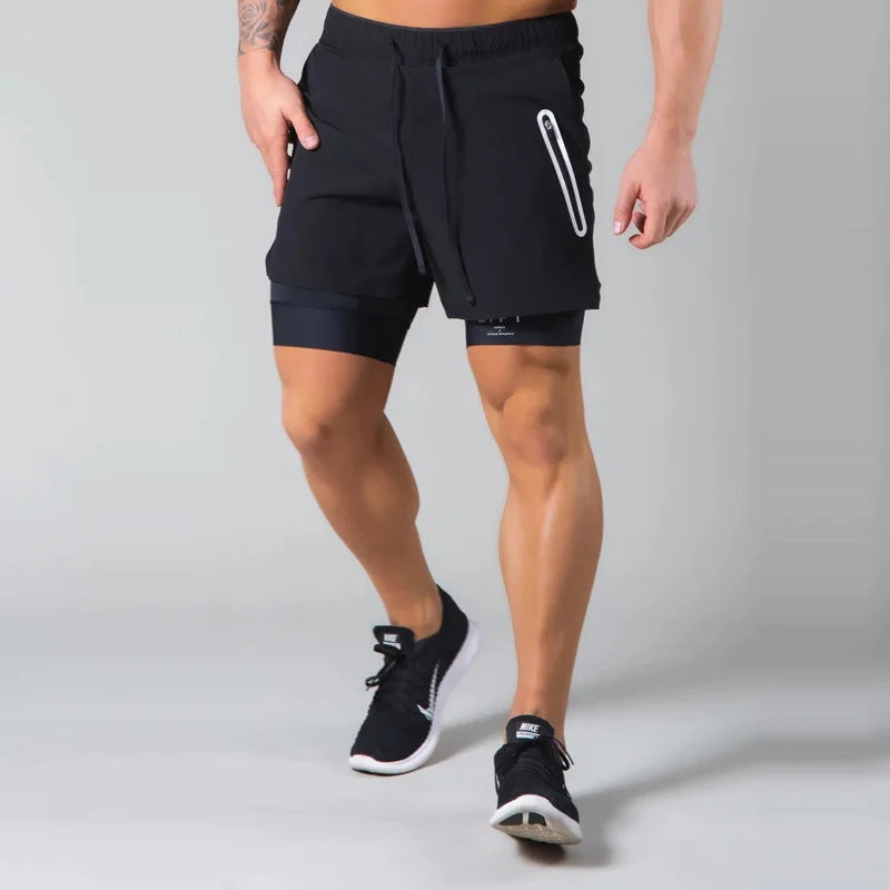 Double-deck fitness sports shorts men summer quick drying breathable woven Shorts Men's 2 IN 1training Gyms clothing