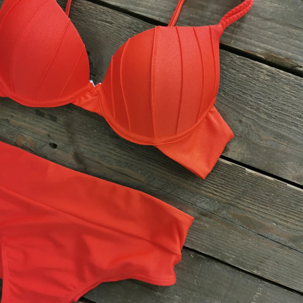 Cheap Push Up Bikinis Women Swimsuits  Solid Padded Women Swimwear Vintage Female Swimsuit High Waist Biquini Bathing Suit