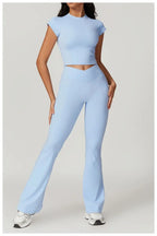 Two Piece Short Sleeve Sport Yoga Set Outfit Fitness Gym Set Workout Clothes for Women Flare Leggings Sportwear Women Tracksuit