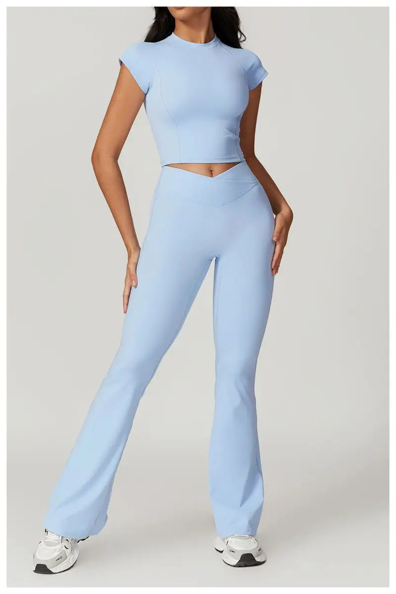 Two Piece Short Sleeve Sport Yoga Set Outfit Fitness Gym Set Workout Clothes for Women Flare Leggings Sportwear Women Tracksuit
