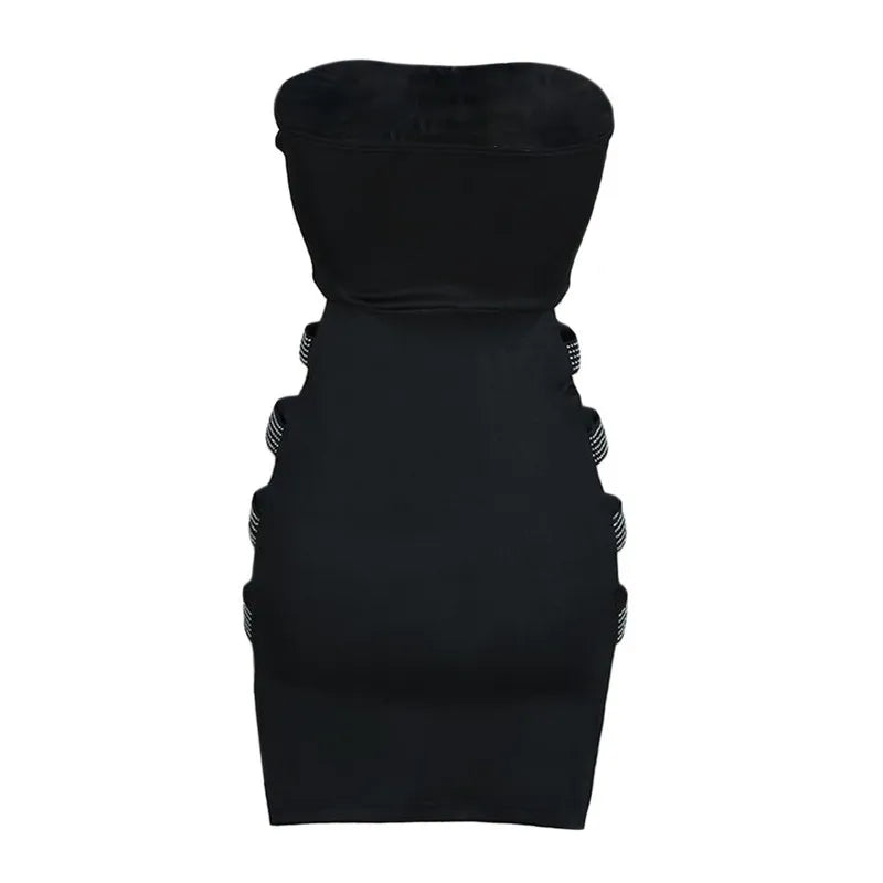 Women Sexy Tube Pencil Dress Sexy Club Summer Clothes Fashion Solid Color Rhinestone Hollow Skinny Mini Dress
