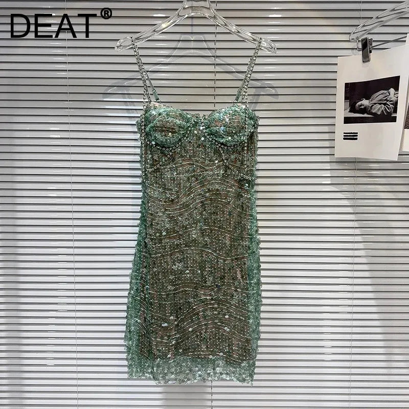 DEAT Heavy Industry Diamond Chain Pearl Suspender Dresses Women For Women 2024 Summer New Party Strap Dress Female 29L7707