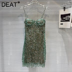 DEAT Heavy Industry Diamond Chain Pearl Suspender Dresses Women For Women 2024 Summer New Party Strap Dress Female 29L7707