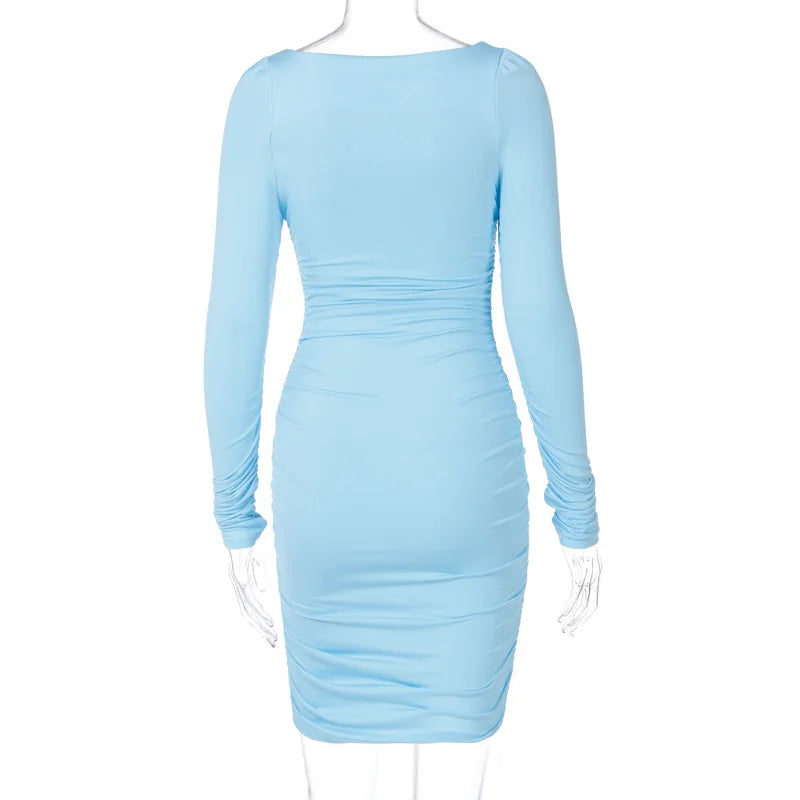 Elegant Square Collar Long Sleeves Folds Slim Bodycon Dress Women Solid Color Skinny Mini Dress Sexy Club Party Vestidos
