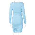 Elegant Square Collar Long Sleeves Folds Slim Bodycon Dress Women Solid Color Skinny Mini Dress Sexy Club Party Vestidos
