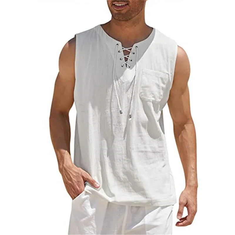 Men's Casual Shirts Leeveless Vest Bandage Lace Up Blouse Retro V Neck Fashion Loose Shirt Male Solid Color Clothes