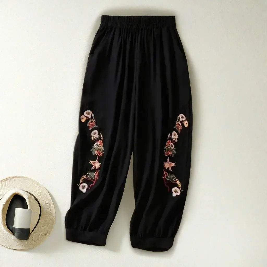 Coffee Embroidery Bloomers Casual Solid Elastic High Waist Loose Women's Pants Ankle-Length Pants For Women Clothing Fashion