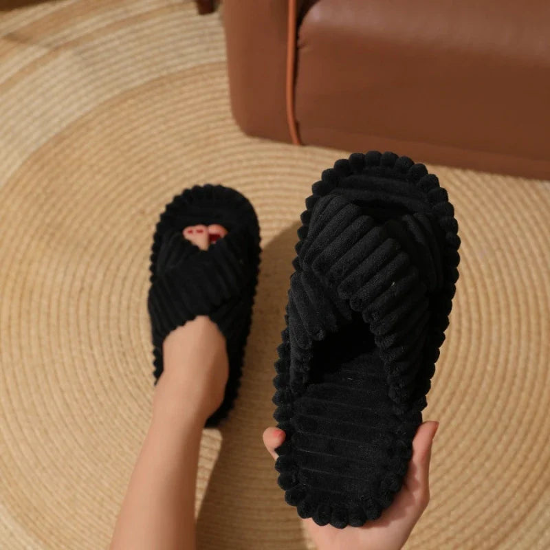 Fashion Corduroy Cross Band Home Slippers Women Autumn Winter Warm Plush Slides Woman Indoor Bedroom Soft Sole Cotton Slippers