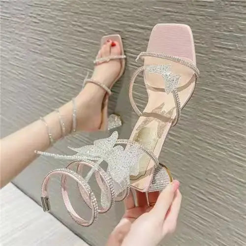 Xibeilove 2024 Summer Luxury Women Sandals Crystal Square Head Gold Rhinestone Snake Pattern High Heels Wedding Party Shoes