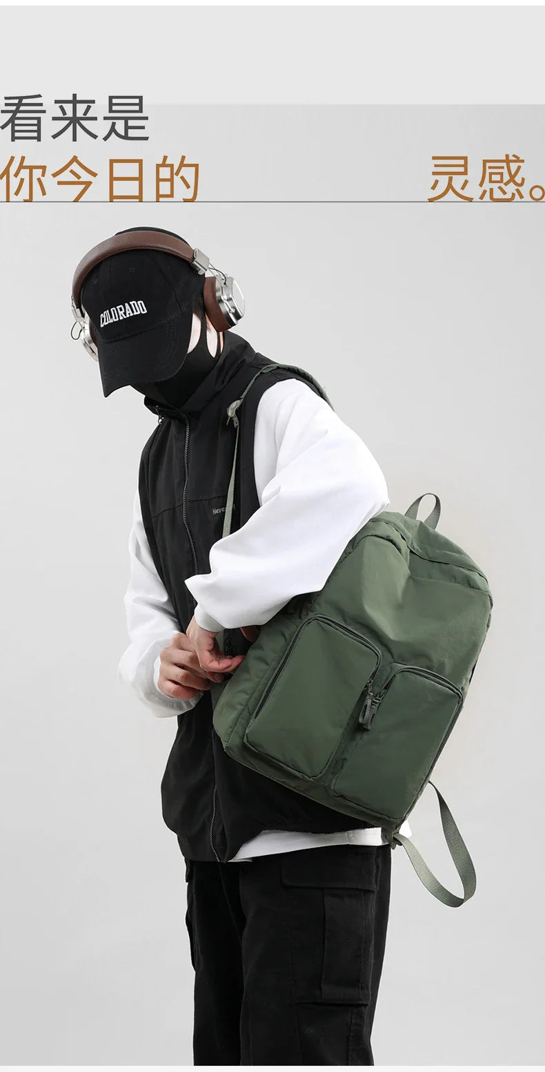 Water - resistant double - shoulder backpack. It has a large capacity, is lightweight and casual. Made of wrinkled and washed ny