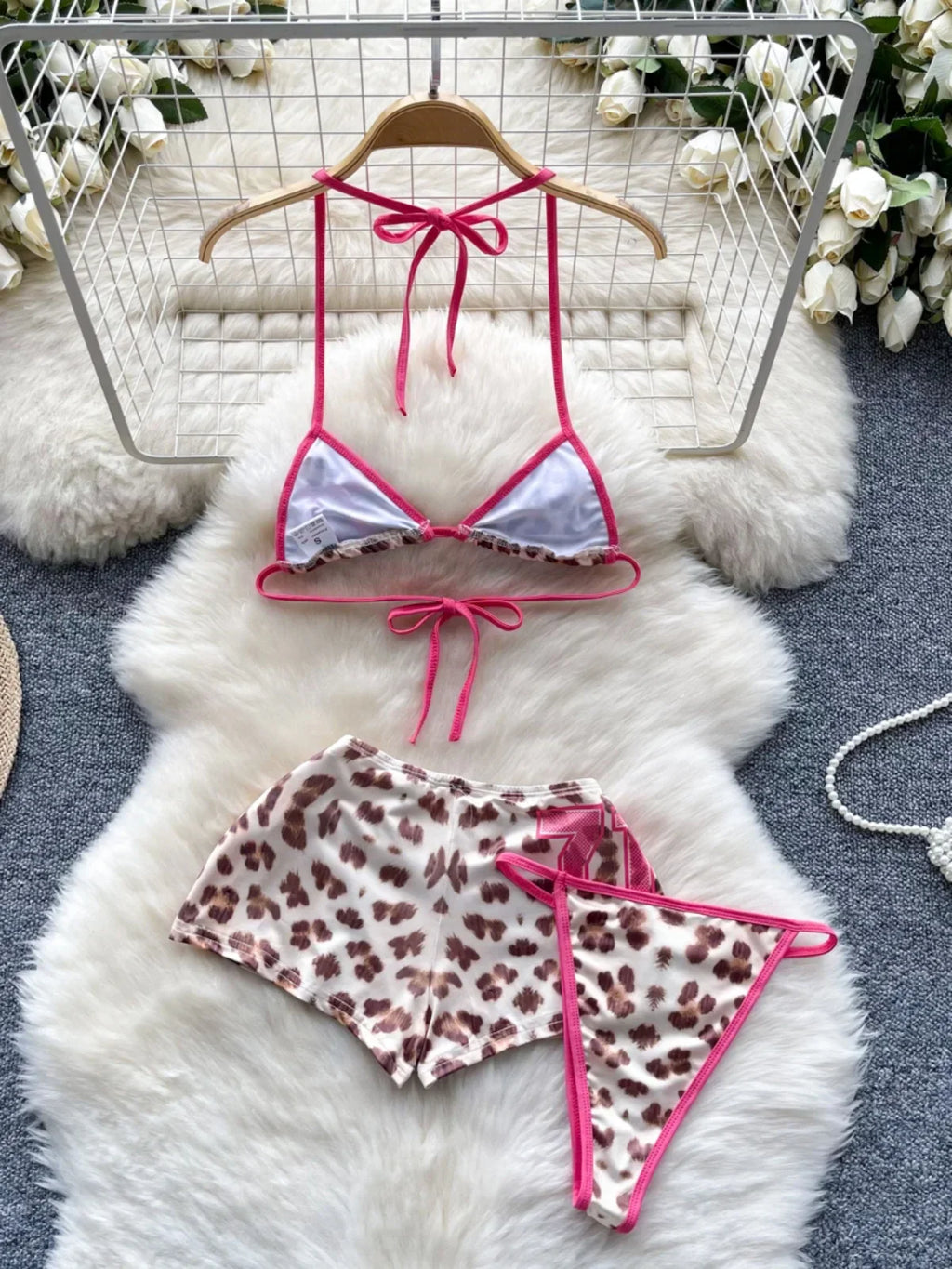 Foamlina American Pure Desire Hottie Strap Leopard Print Bikini Uniform Three-piece Suit Women's Summer Tube Top + Shorts