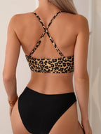 Summer Women's Leopard Patchwork Swimsuit Sexy Back Cross Lace-Up Swimwear High Waist Bikini Set Push Up Bathing Suit Beachwear