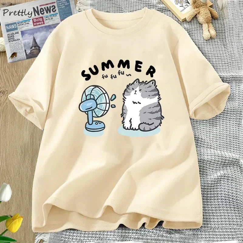 Summer Funny Cat and Fan Graphic T Shirts Women Men Cotton Short Sleeve T Shirt Harajuku Women's Clothing Female Streetwear Tops