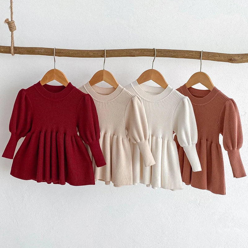 Baby Girls Knit Dress Autumn Winter Princess Dress Knitted Sweater Outfits Long Sleeve Red Christmas Party Dress Kids Clothes