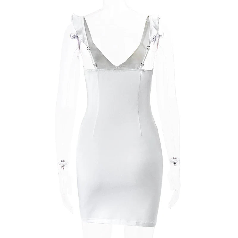 Xeemilo Solid Deep V-neck Sleeveless Dress 2022 Summer Elegant Women Ruffles Split Mini Dresses Sexy Slim Party Clubwear Vestido