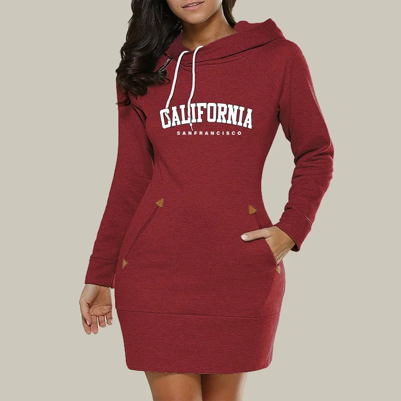 California Womens Dress Neck Side Zipper Fashion Print Long Sleeve Hooded Sports Skirt Hot Sales Casual Knee-Length Dress S-3XL