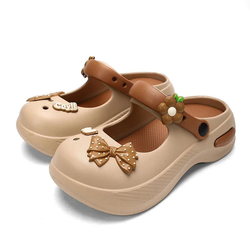 Women Mary Jane Sandals Platform Cute Bow Knot Girl Clogs Arch Support Garden Shoes Slip-on Outdoor Beach Shoes Height Increase