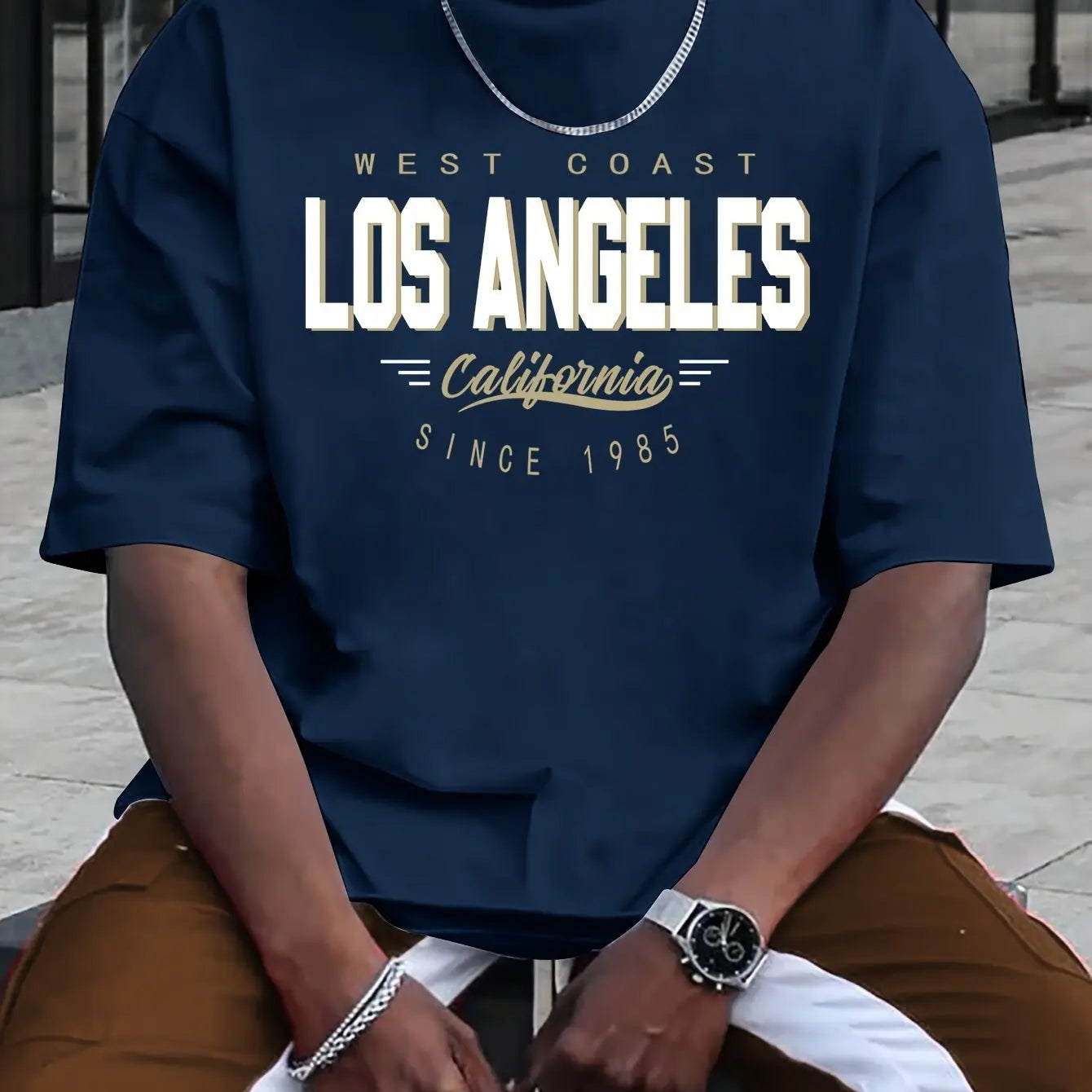 Summer men's 100% cotton comfortable casual loose plus size LOS ANGELES printed sports round neck short sleeved T-shirt top