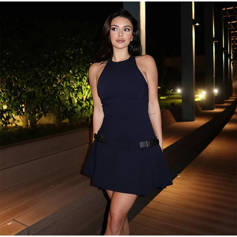 Fashion Y2K Pleated Mini Dress For Women 2025 New Elegant Sleeveless O-neck Chic Evening Short Dress Female Club Party Vestidos