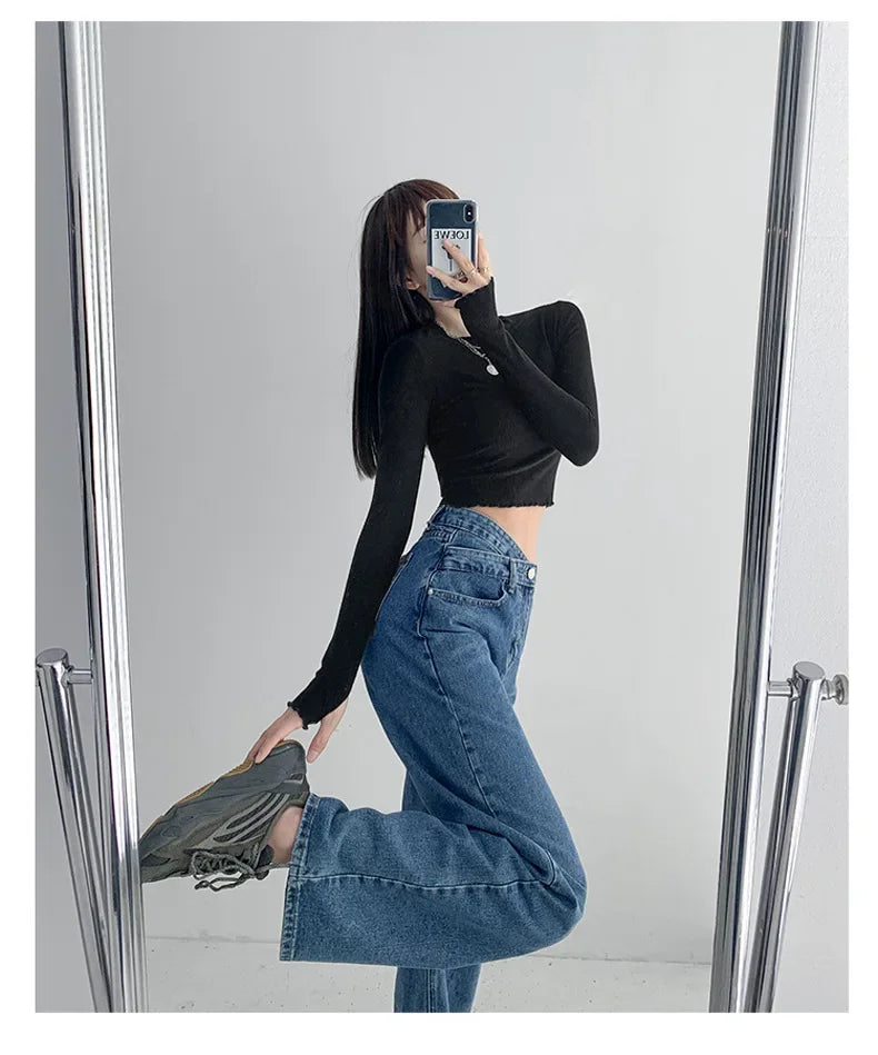 High-waisted Women's Vintage Jeans Loose-fit Straight-leg Slimming Draped Denim Trousers