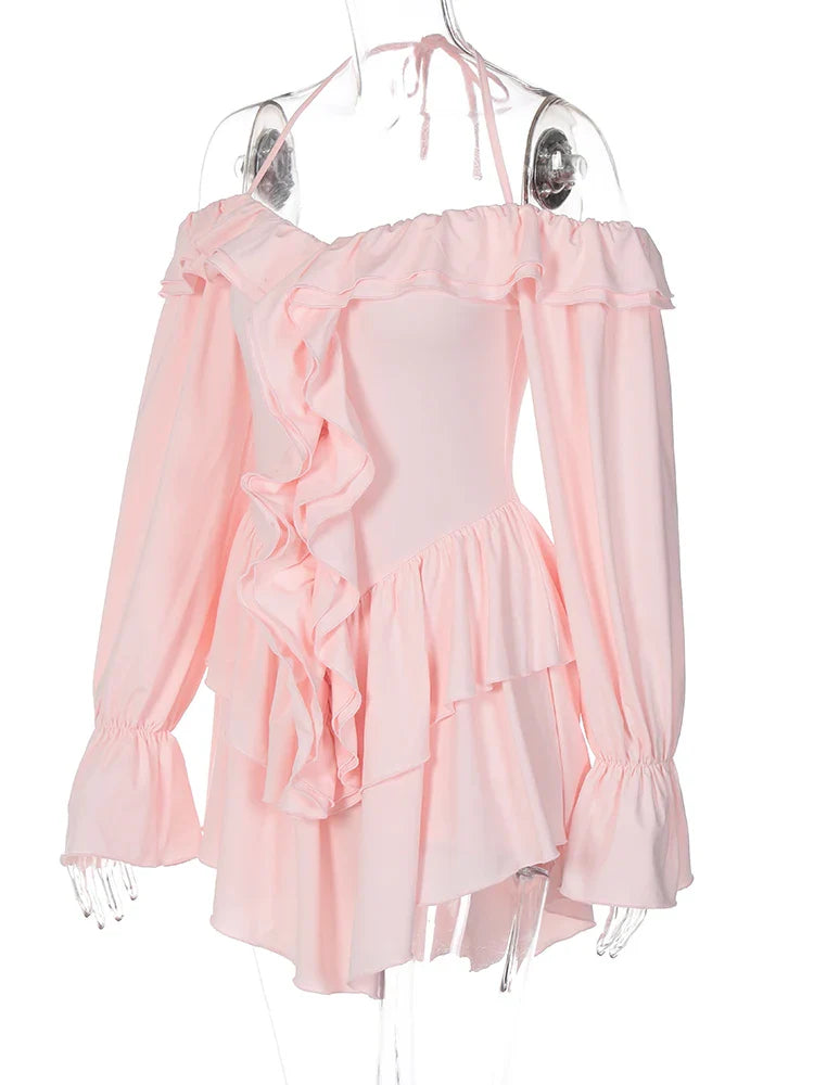 Dulzura Solid Pure Color Halter Ruffle Flare Sleeves Mini Dress 2024 Summer For Women Sexy Elegant Birthday Party Clubwear