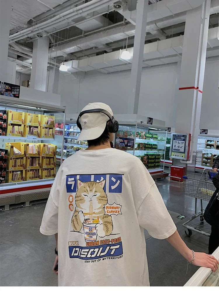 Harajuku Cat Cartoon Eating Noodles Graphic Men Women Tshirts Casual Short Sleeve Tees Japan Style Oversized T Shirt Clothing