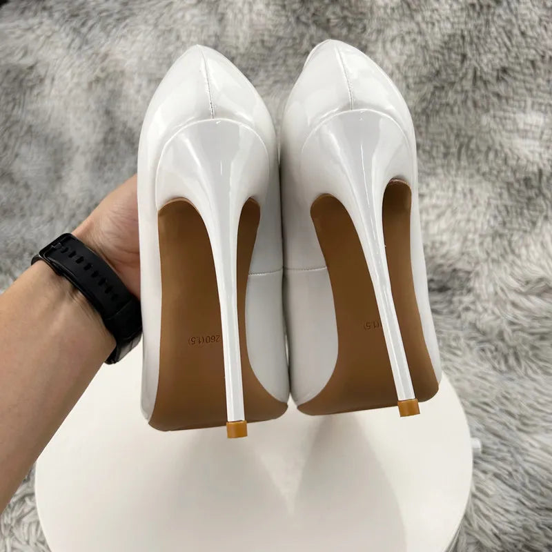 Fashion High Heels Sexy Shoes Women Pumps Large Size 43 44 45 White Stiletto Heel Patent Leather Office Wedding Shoes