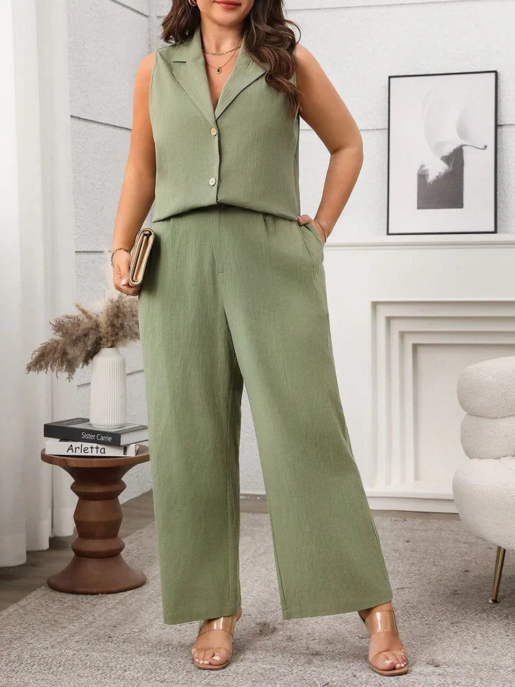 GIBSIE Plus Size Two Piece Set For Women Solid Notched Neck Sleeveless Vest And Wide Leg Pants 2025 Summer Office Ladies Suit