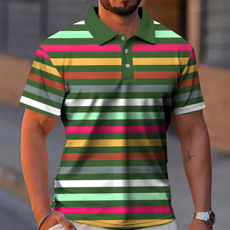 Colorful Stripes 3D Printed Polo Shirt For Men Geometric Color Block Pattern T-Shirt Casual Lapel Tops Loose Short Sleeve Tees