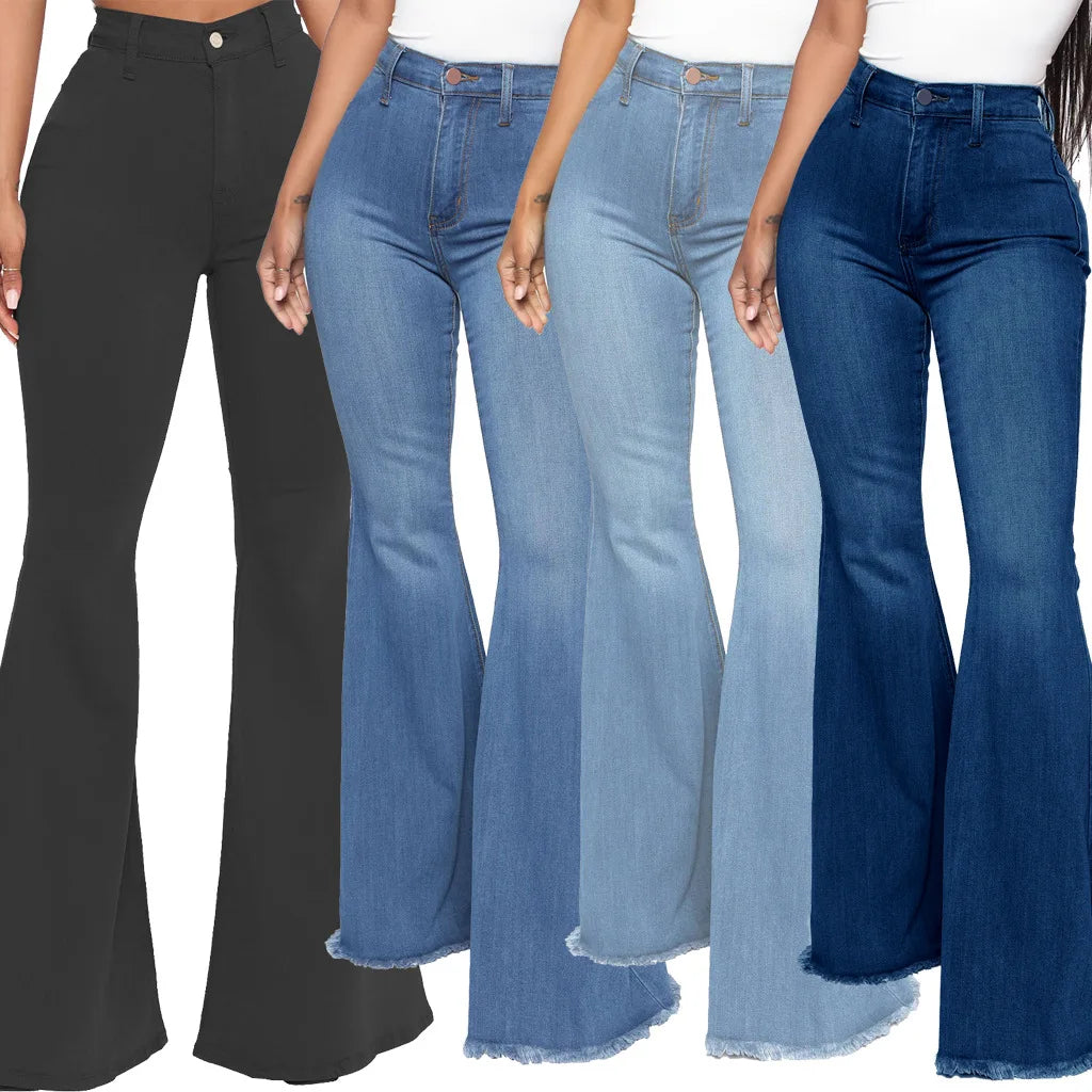 Women Jeans Flare Pants Sexy Denim Long Pant Hip Wrap Casual Solid Elegant Splice Regular Slim Fit High Waist Trousers Summer