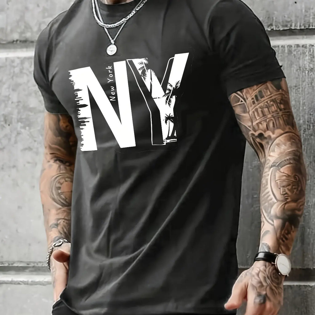 Summer men's 100% pure cotton casual loose plus size NY letter printed sports comfortable round neck short sleeved T-shirt top