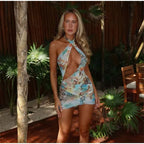 Women Sexy Printed Vestidos Chic Sleeveless Hollow Out Halter Bodycon Mini Dress 2025 Ladies Beach Seaside Vacation Bohemia Wear