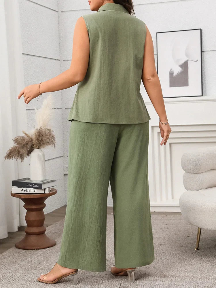 GIBSIE Plus Size Two Piece Set For Women Solid Notched Neck Sleeveless Vest And Wide Leg Pants 2025 Summer Office Ladies Suit