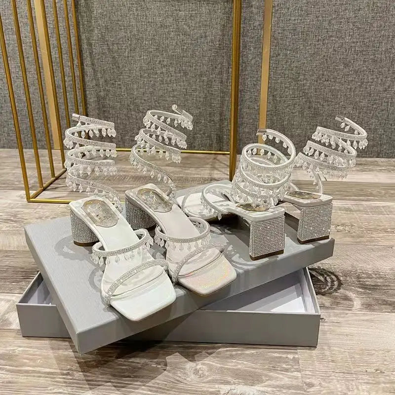 Xibeilove 2024 Summer Luxury Women Sandals Crystal Square Head Gold Rhinestone Snake Pattern High Heels Wedding Party Shoes