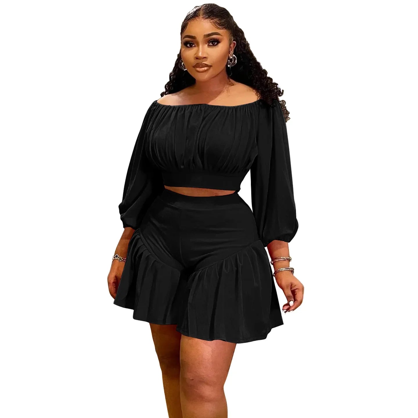 CM.YAYA Plus Size Women's Set Long Sleeve Slash Neck T-Shirt and Shorts 2025 Summer Ruched Two 2 Piece Set Outfits Tracksuit