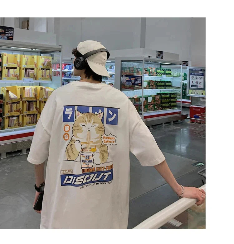 Harajuku Cat Cartoon Eating Noodles Graphic Men Women Tshirts Casual Short Sleeve Tees Japan Style Oversized T Shirt Clothing